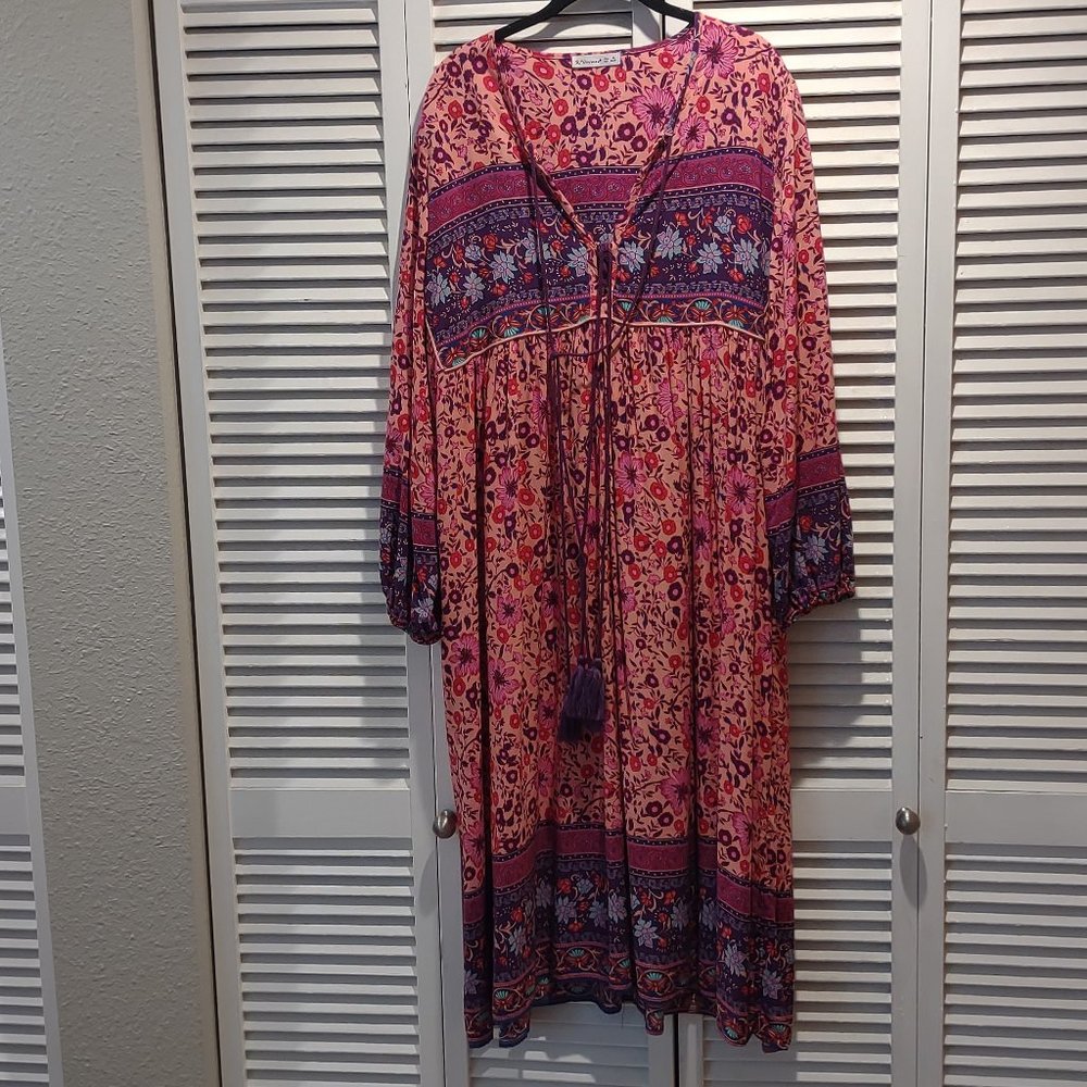Women's Long Sleeve Floral Print Retro V Neck Tassel Bohemian Midi Dress